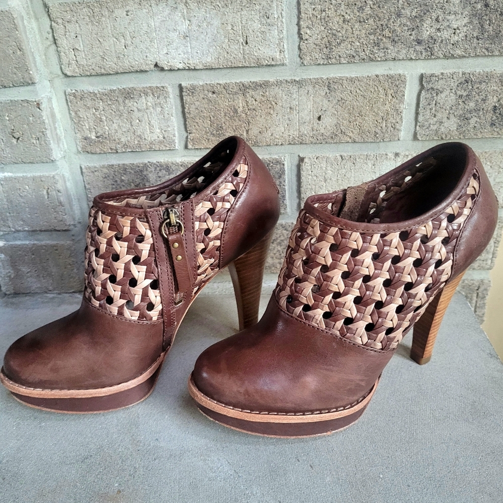 UGG Fatima Brown Woven Leather Heeled Booties Size 7.5 - Picture 6 of 14